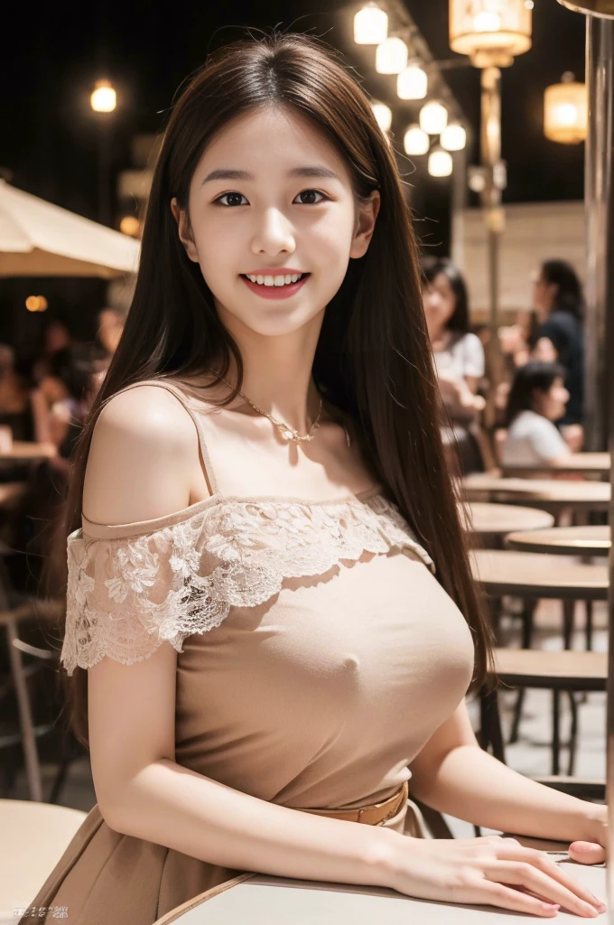 ,(8K, best quality, masterpiece:1.2), (Practical, photo-Practical:1.37), Extremely detailed, 1 girl, Looking at the audience, Beautiful and detailed sky, Detailed café street, sit, Full body, Small head, Smile，Exquisite necklace, beautiful legs:1.2, Long legs:1.2, Slender legs, High heel:1.3, White socks:1.4, , High waist, Willow Waist, Off-shoulder, belt, Short bottoms, Beautiful and delicate eyes, daytime, Warm colors, White lace, (Long hair:1.4), 银色中Long hair, White skin, light, Street Lights, (Tea table:1), (handbag:1),