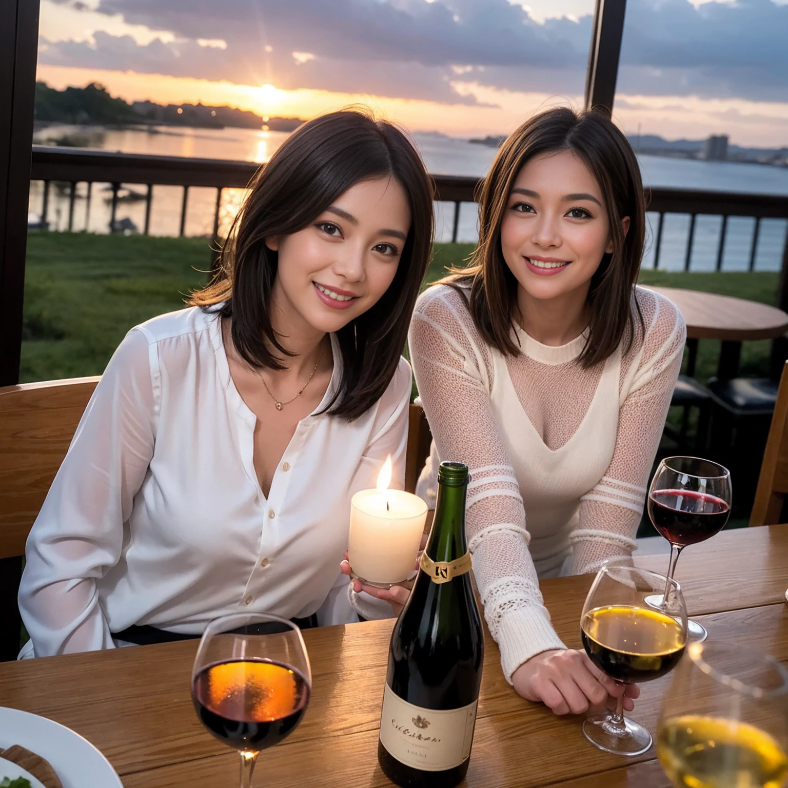 ((Highest quality、8K、masterpiece:1.3))、 (Ultra-realistic、 Genuine、Bright image、Intricate details:1.2), 最高のsmile、1 male、1 female、Beautiful couple、love love love、Lovers in Yokohama、Good friends、actress couple、smile、Full-course dinner at a packed table、 (Slim face), (the body is slim), (Brown Hair), (short hair), テーブルのwine glass、Please shine a light on my face、 Amazing view of the sunset sky and clouds、42 years old 39 years old, red wine 、Appetizers、Wine bottle、sparkling wine、Long sleeve shirt、dress、White wine, red wine, wine glass,