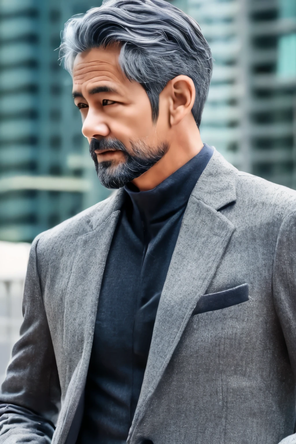Handsome、50 years old、male、Gray Hair、Short Hair、beard、suit、