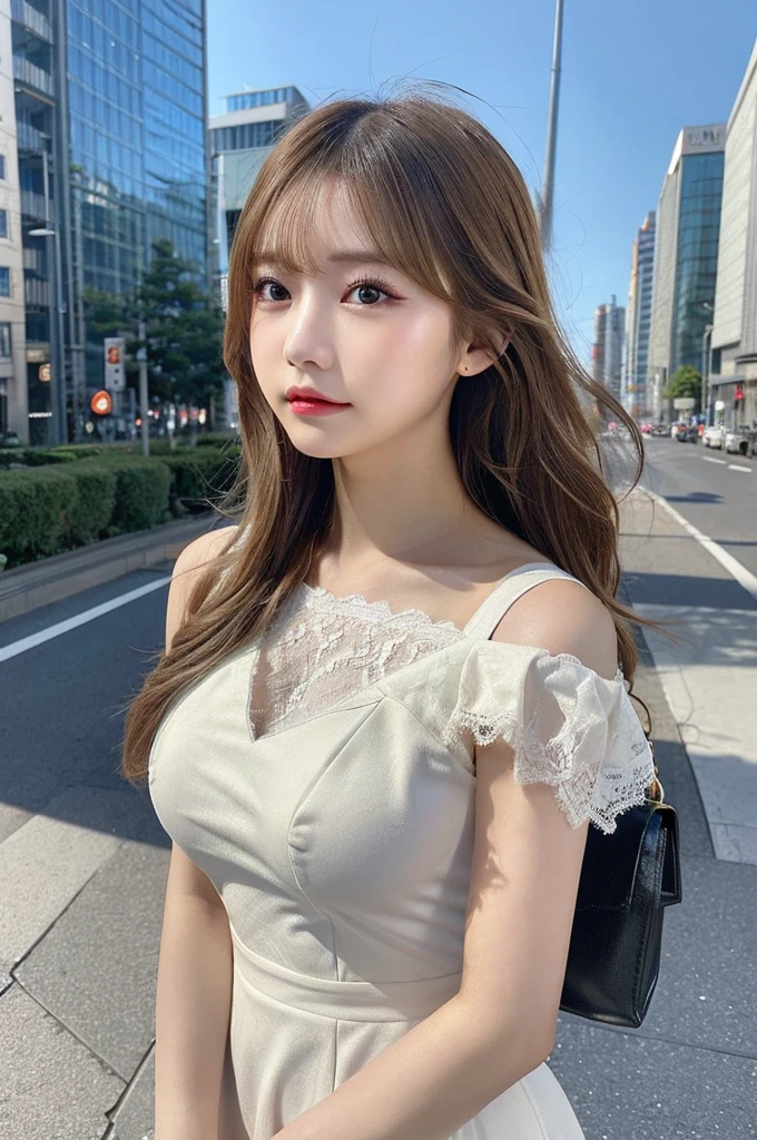 (Huge breasts、Lace dress、Shoulder Bags)、(best quality,masterpiece:1.3,Ultra-high resolution,),(Extremely detailed,Caustic lines),(Reality:1.4,RAW Shooting,)Ultra-realistic capture,Very detailed,High resolution 16K,Suitable for human skin、 Natural skin texture、、Skin looks healthy、The color is also uniform.、 Use natural light and color,A woman,Asian,,Lovely,Blonde, Double tail,(Writing border depth、Chromatic Aberration、、Wide lighting range、Natural shade、)、(Hair blowing in the wind:1.2)、Tokyo Cityscape, Ruddy and shiny lips, Double tail, Black eyes