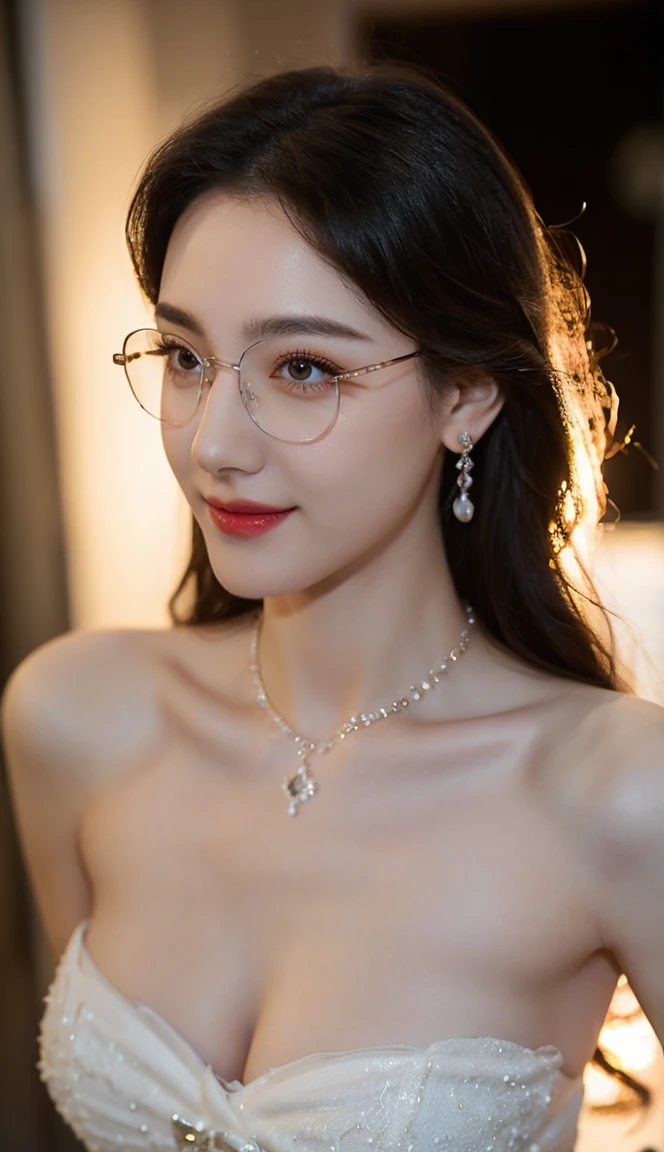 (Canon RF85mm f/1.2), (8K, RAW photos, best quality), (masterpiece), (actual, photograph actual), (Very detailed, High Detail, Best image quality, Super detailed, high resolution, Very detailed, Very detailed的描述, Ultra-fine, Extremely exquisite and beautiful work), Beautiful and delicate girl, Solo Girl, ((Perfect body)), Very detailed eyes and face, White skin, Noble beauty, ((The skin texture is delicate, Pores)), Perfect anatomical structure, Beautiful body, Delicate face, Slim abs, Slim waist), Big Ass, (Large Breasts, Breast enlargement), (Cleavage), (affectionate gaze, soulful eyes, Glowing eyes), (beautiful and clear eyes), (Bounce Curly Messy Long Hair), (Smile:1.2), (fascinated expression), (Attractive appearance), ((Cardigan,Strapless wedding dress)), ((Tight)), ((bud)), ((wear glasses)), earrings, necklace, ((night)), ((Street View, moonlight)), Physically Based Rendering, Realistic lighting, (((Upper Body))), ((looking at the audience)), ((Everlasting)), ((Happy and shy))