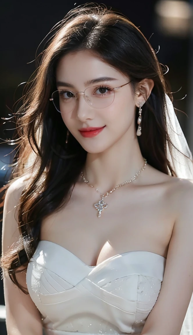 (Canon RF85mm f/1.2), (8K, RAW photos, best quality), (masterpiece), (actual, photograph actual), (Very detailed, High Detail, Best image quality, Super detailed, high resolution, Very detailed, Very detailed的描述, Ultra-fine, Extremely exquisite and beautiful work), Beautiful and delicate girl, Solo Girl, ((Perfect body)), Very detailed eyes and face, White skin, Noble beauty, ((The skin texture is delicate, Pores)), Perfect anatomical structure, Beautiful body, Delicate face, Slim abs, Slim waist), Big Ass, (Large Breasts, Breast enlargement), (Cleavage), (affectionate gaze, soulful eyes, Glowing eyes), (beautiful and clear eyes), (Bounce Curly Messy Long Hair), (Smile:1.2), (fascinated expression), (Attractive appearance), ((Cardigan,Strapless wedding dress)), ((Tight)), ((bud)), ((wear glasses)), earrings, necklace, ((night)), ((Street View, moonlight)), Physically Based Rendering, Realistic lighting, (((Upper Body))), ((looking at the audience)), ((Everlasting)), ((Happy and shy))