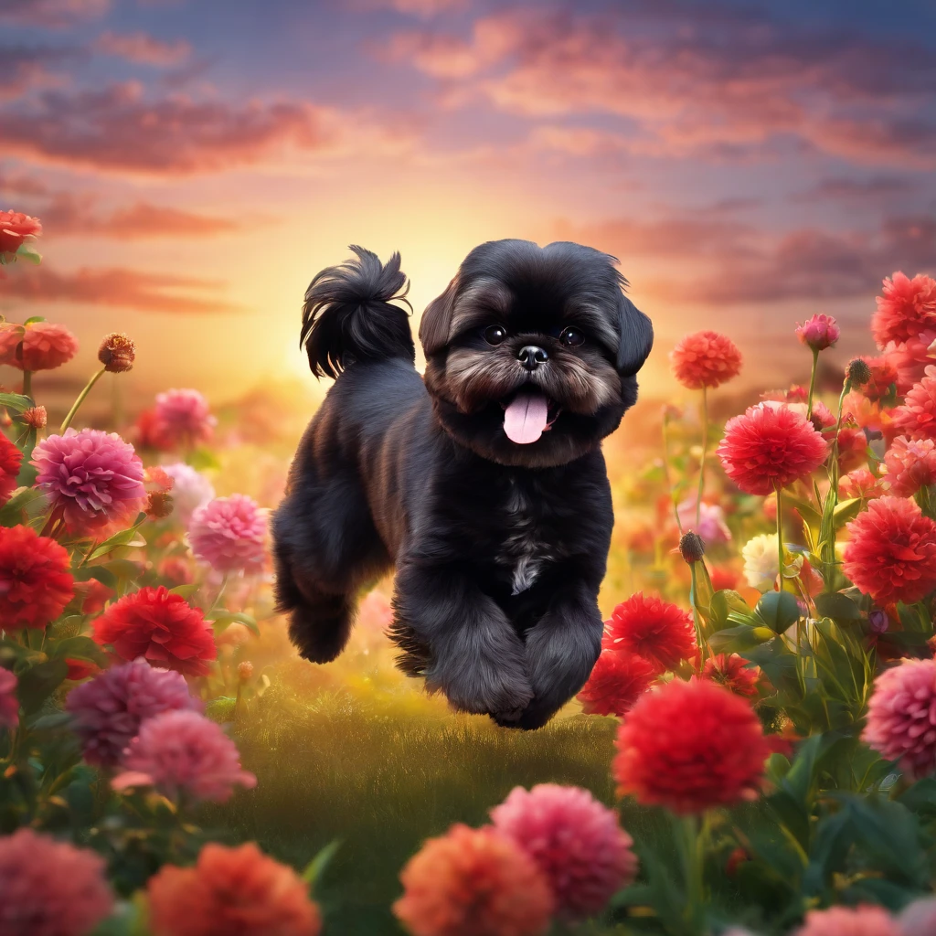 adorable small black shih tzu wearing red collar jumping over pretty flowers in a field with the sunset in the back ground