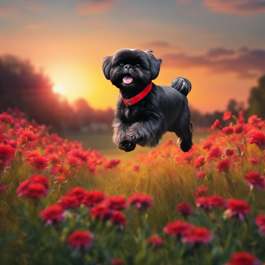 adorable small black shih tzu wearing red collar jumping over pretty flowers in a field with the sunset in the back ground
