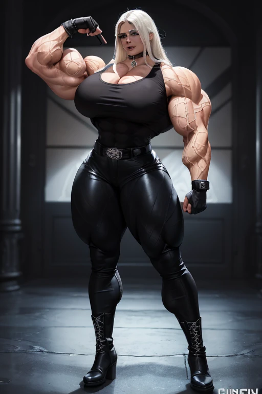((((Massive tall, beautiful, buff, light brown skinned muscular woman with white hair, black lipstick, ginormous bulky muscles and wearing a beautiful black blouse with a beautiful black tight pants)))), (close view), massive muscle, massive biceps, hyper muscle shoulders, massive muscle arms, vascular shoulders, hyper muscle triceps, (long straight hair), (beautiful black blouse with a belt), blue eyes, gloves, choker, (beautiful black tight pants), boots, in a dark school, confidant smile, night, hyper vascular arm, hyper muscles arms, hyper muscle legs, massive arms