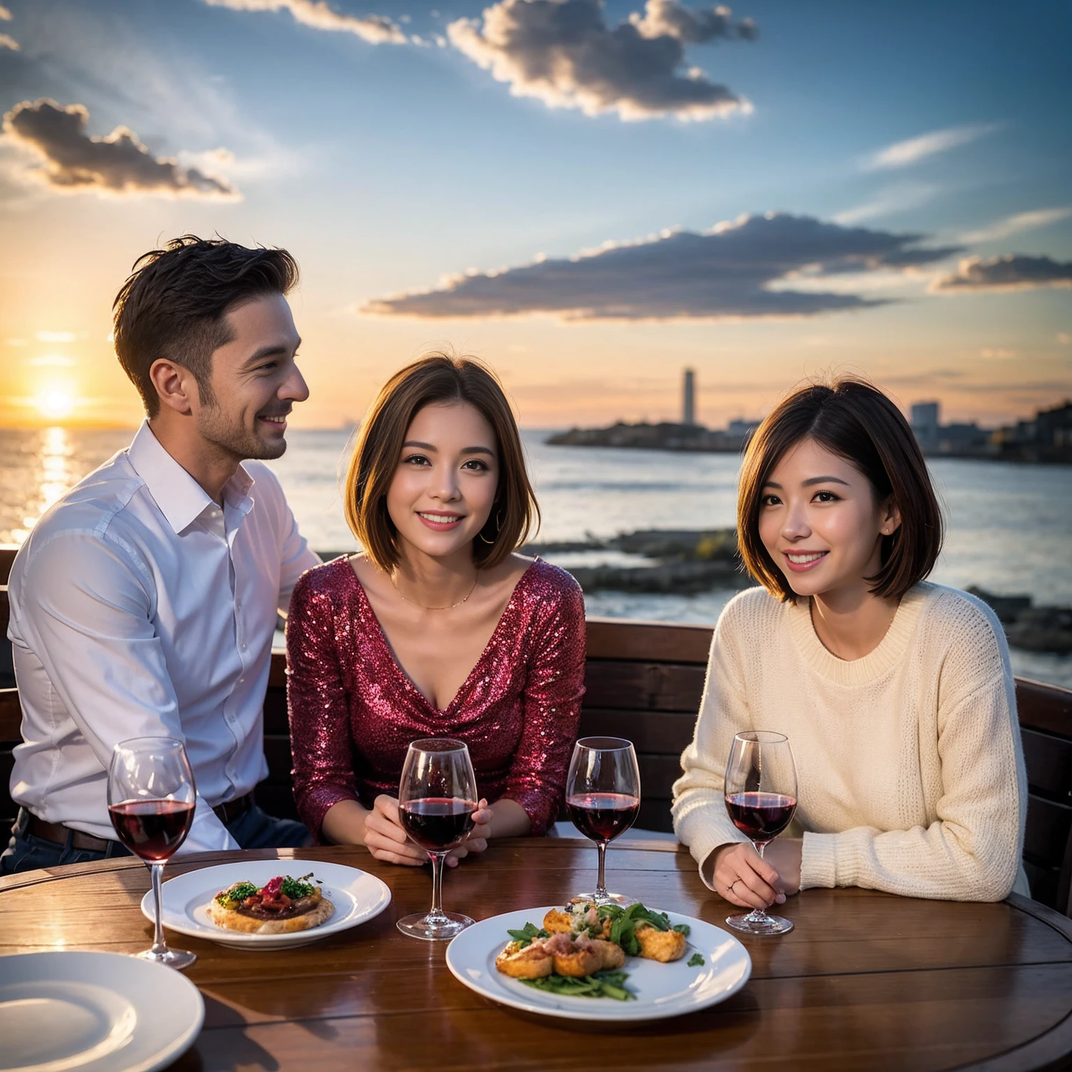 ((Highest quality、8K、masterpiece:1.3))、 (Ultra-realistic、 Genuine、Bright image、Intricate details:1.2), 最高のsmile、1 male、1 female、Beautiful couple、Love Love Love、Tokyo Lovers、Good friends、actress couple、smile、Full-course dinner at a packed table、 (Slim face), (the body is slim), (Brown Hair), (short hair), テーブルのwine glass、Please shine a light on my face、 Amazing view of the sunset sky and clouds、42 years old 39 years old, red wine 、Appetizers、Wine bottle、sparkling wine、Long sleeve shirt、dress、White wine, red wine, wine glass,