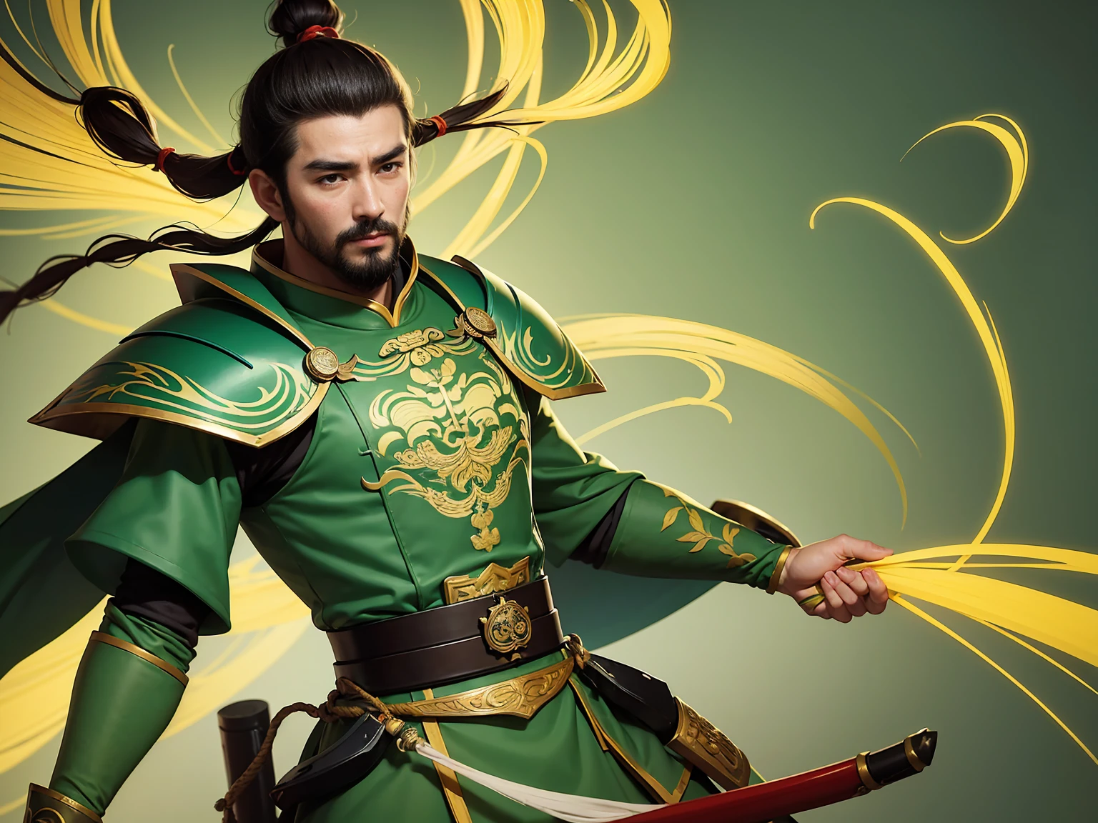 traditional painting Full-length portrait of Chinese Liu Bei. His appearance is goat's beard, soft and charismatic. His topknot and light green armor unique to ancient China.