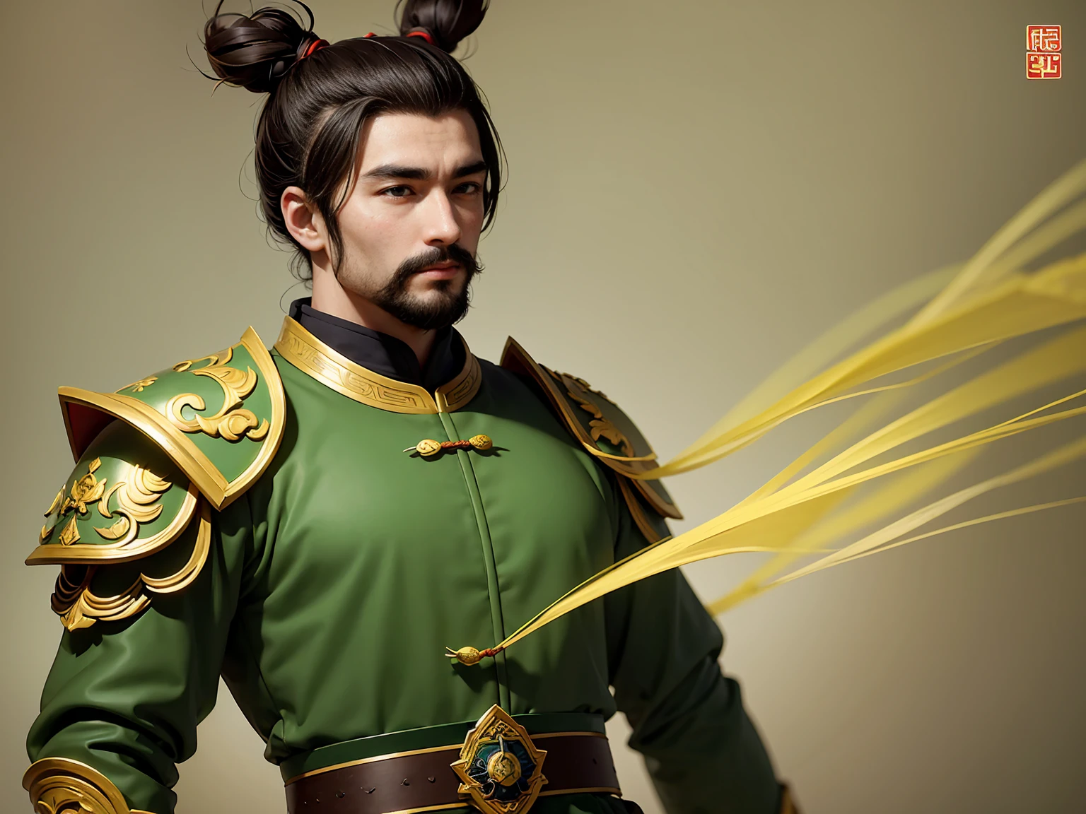 traditional painting Full-length portrait of Chinese Liu Bei. His appearance is goat's beard, soft and charismatic. His topknot and light green armor unique to ancient China.