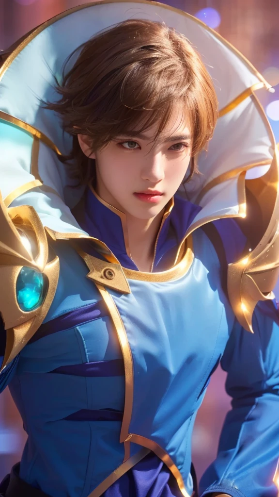 1 young man, with a blue outfit, gold paladin, handsome, holy paladin, male paladin, androgynous prince, detailed face, realistic, photorealistic, photo-realistic:1.37, (best quality,4k,8k,highres,masterpiece:1.2),ultra-detailed,(realistic,photorealistic,photo-realistic:1.37),HDR,UHD,studio lighting,ultra-fine painting,sharp focus,physically-based rendering,extreme detail description,professional,vivid colors,bokeh, highly detailed,cinematic lighting,dramatic lighting