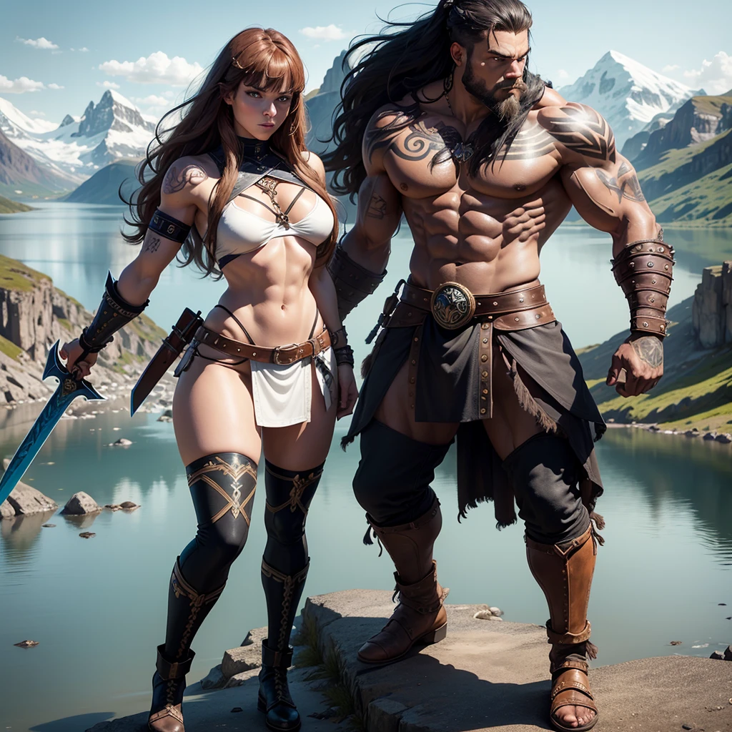 Black Viking left arm tattoo design, a full body muscular viking man and beautiful woman
without clothes, muscular legs, holding big sword with right hand, brown hair divided with bangs, perfect realistic blue eyes, wearing warrior leather shoes, wearing warrior boots, lake and mountains in the background.