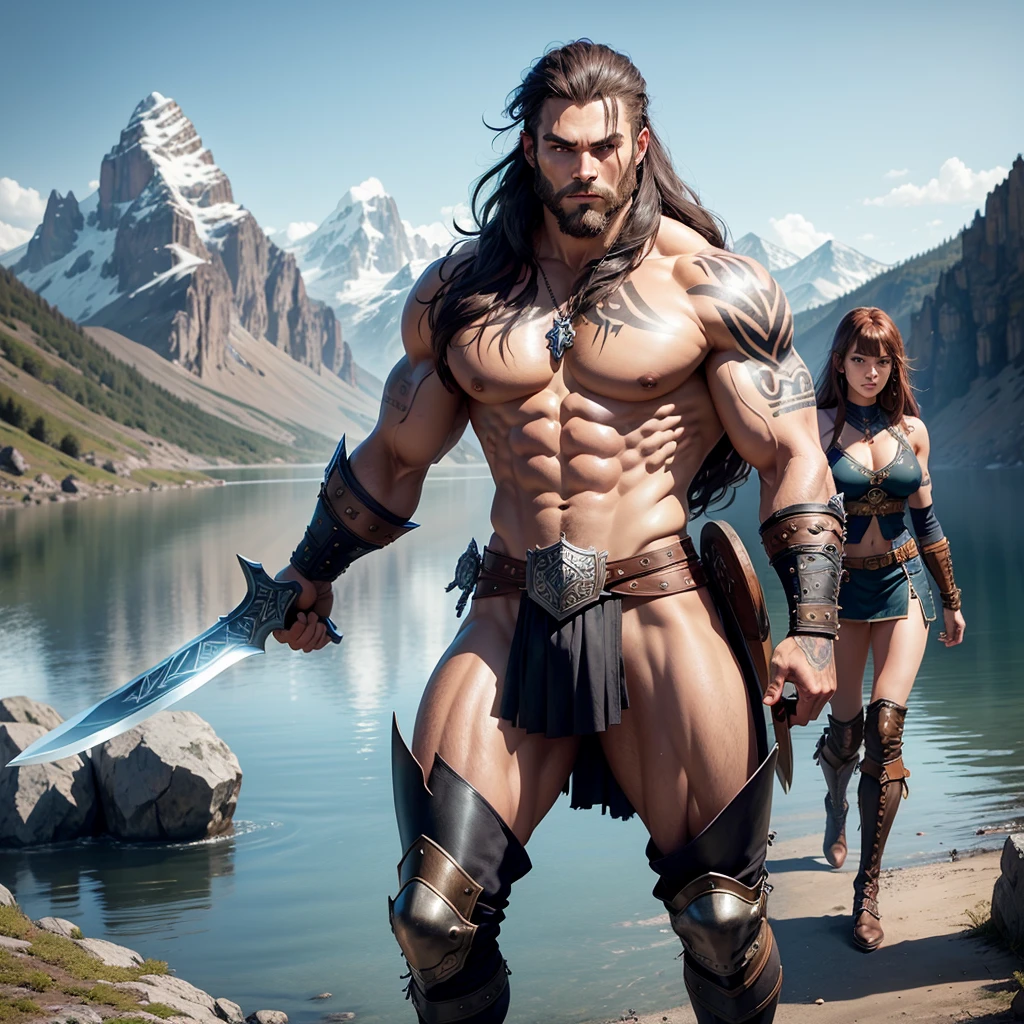 Black Viking left arm tattoo design, a full body muscular viking man and beautiful woman 
???????????????, muscular legs, holding big sword with right hand, brown hair divided with bangs, perfect realistic blue eyes, wearing warrior leather shoes, wearing warrior boots, lake and mountains in the background.
