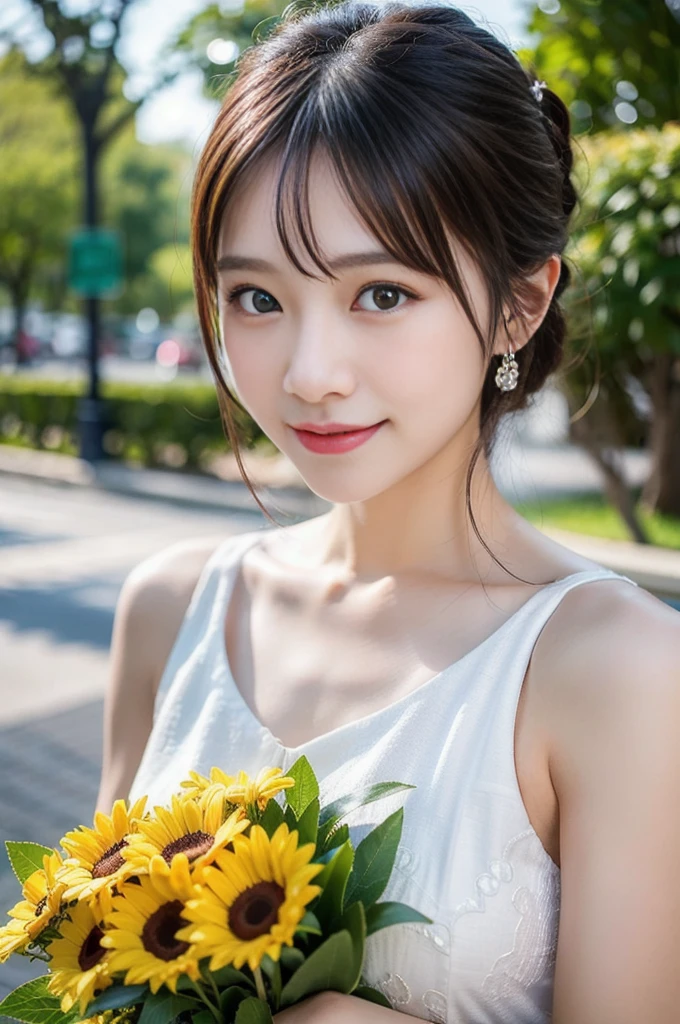 (8K, RAW Photos, Highest quality、masterpiece:1.2), (Realistic、Realistic:1.37), Very detailed, High resolution, 1 girl,  Age 35, Laughter, View your viewers, dress, Beautifully detailed face、(Holding a bouquet:1.3),Beautiful and detailed skin、Skin Texture、Floating Hair、Professional Lighting, noon