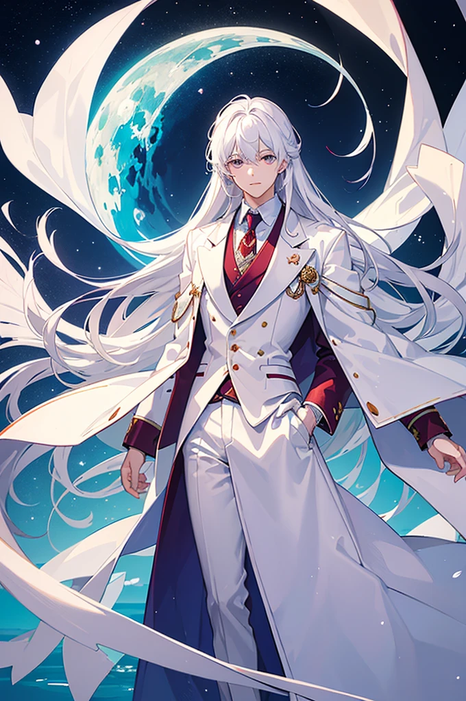 ((best quality)), ((masterpiece)), (detailed), high resolution, a young man who wear white coat with white pants, underneath his white coat he wear red button shirt and long blue ties around his neck. He have white hair and soft purple eyes. He stand afloat on the middle of a clear lake and the moon shine brightly beautifully from his behind him.