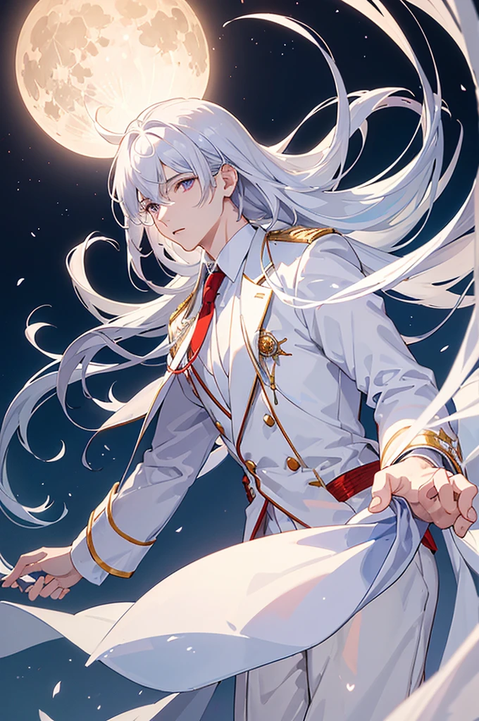 ((best quality)), ((masterpiece)), (detailed), high resolution, a young man who wear white coat with white pants, underneath his white coat he wear red button shirt and long blue ties around his neck. He have white hair and soft purple eyes. He stand afloat on the middle of a clear lake and the moon shine brightly beautifully from his behind him.