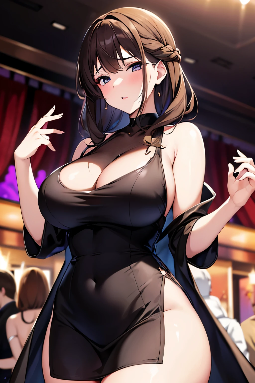 Beautiful brunette girl at a crowded nightclub, she's wearing a beautiful dress, she has medium sized oppai, she's very pretty and elegant, her hair is braided, she's wearing nice makeup, she has wide hips, thick thighs, SFW, safe for work, no nudity