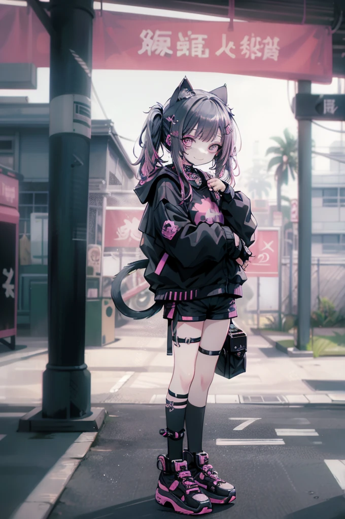 Beautiful woman with long hair in pink pigtails、Cyberpunk Shorts、Put on cat ears、Staring at the audience、Positive、smile、Sea side、Palm tree、In a completely different expression