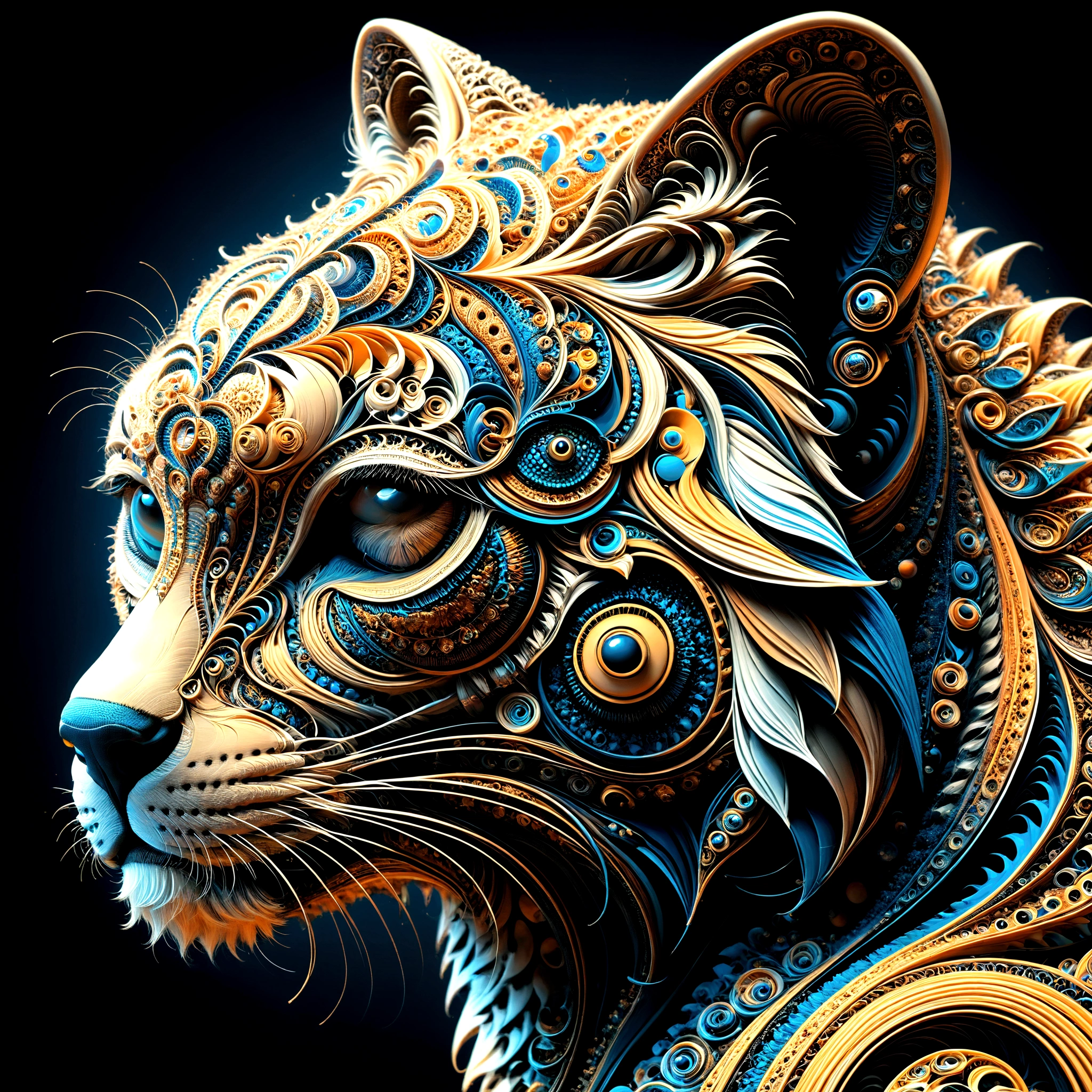 Illustration of a baby cheetah, close-up of its face,
Swirling brushstrokes and vibrant colours, dark brown theme, intricate cheetah-patterne, vivid contrasts, intense touch, accurate detail, high detail, shining outlines, precision, high quality, digital art, 3D rendering, octane rendering, dark fantasy,