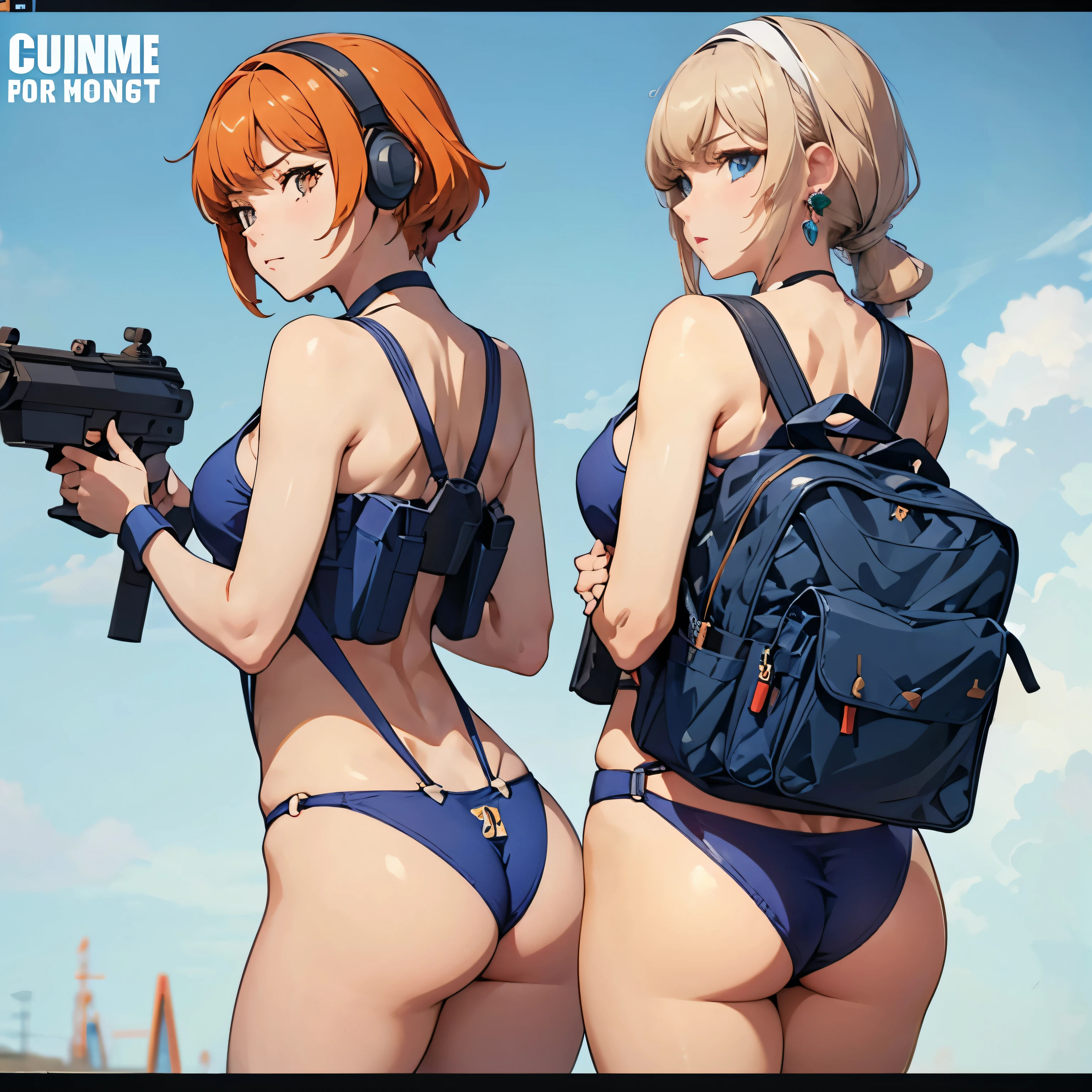 Imperial Guard Combat Uniform Swimsuit, o-ring bikini, v gundam, swimsuit, absurdres, highres, solo, cowboy shot, 1girl, neneka nibrou \(cosplay\), wristband, headphone, holster, backpack, holding gun, aiming, perfect hands, wind, (highres,best_quality,masterpiece), Mitsuba G, blue eyes, blonde hair, twintails, low twintails, hairband, long hair, earrings, white hairband, triangle earrings, jewelry, bang