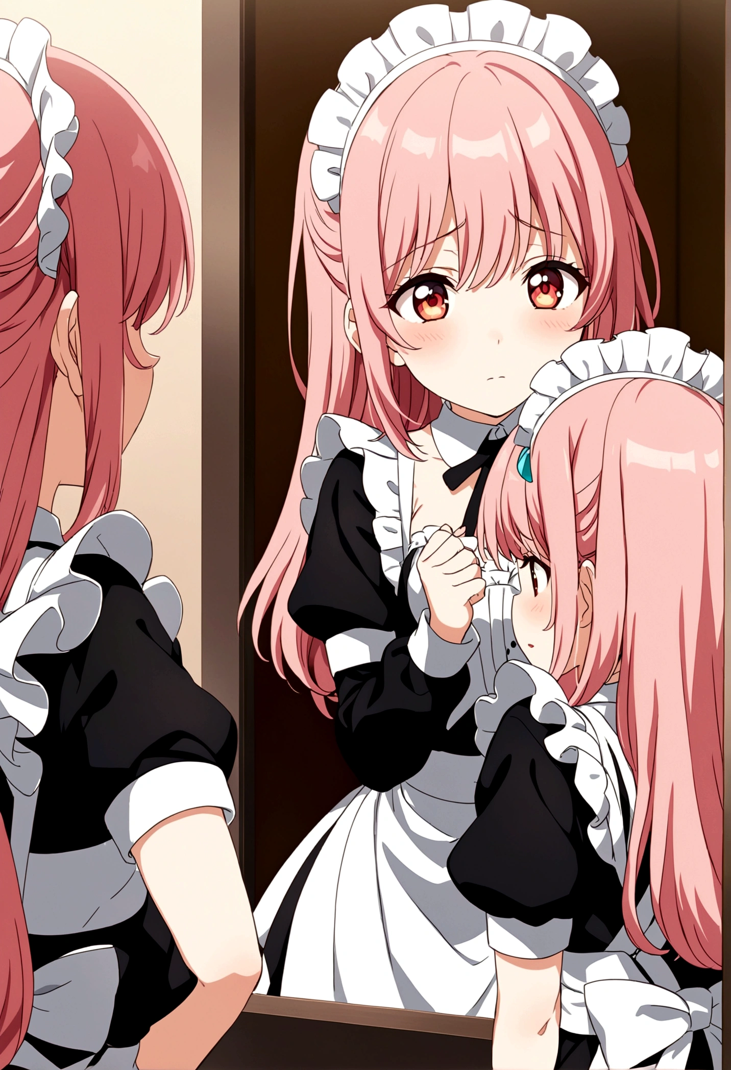 Anime girl with pink hair and white apron sitting in front of mirror, Comedian Reactions、anime girl in a Maid costume, Cute girl anime visuals, Smooth anime CG art, Maid服, | Anime with attention to detail, gorgeous Maid, Fine details. Girl Front, Maid, Visual novels CG, Maid服, ; Visual novel