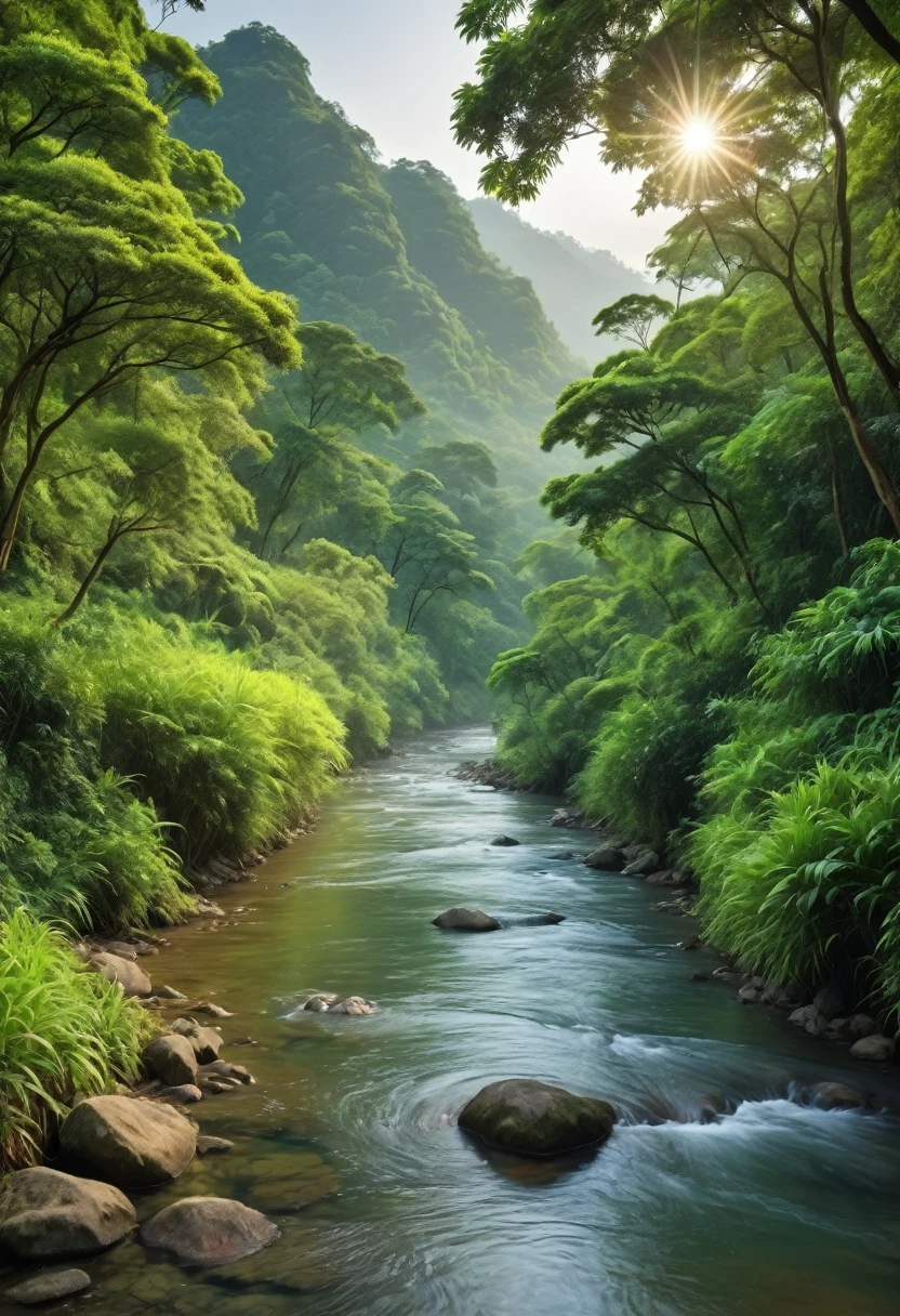 Lush green forests with dense and beautiful trees, there is a flowing river with clear water, beautiful and fresh forest views, cool morning dew.