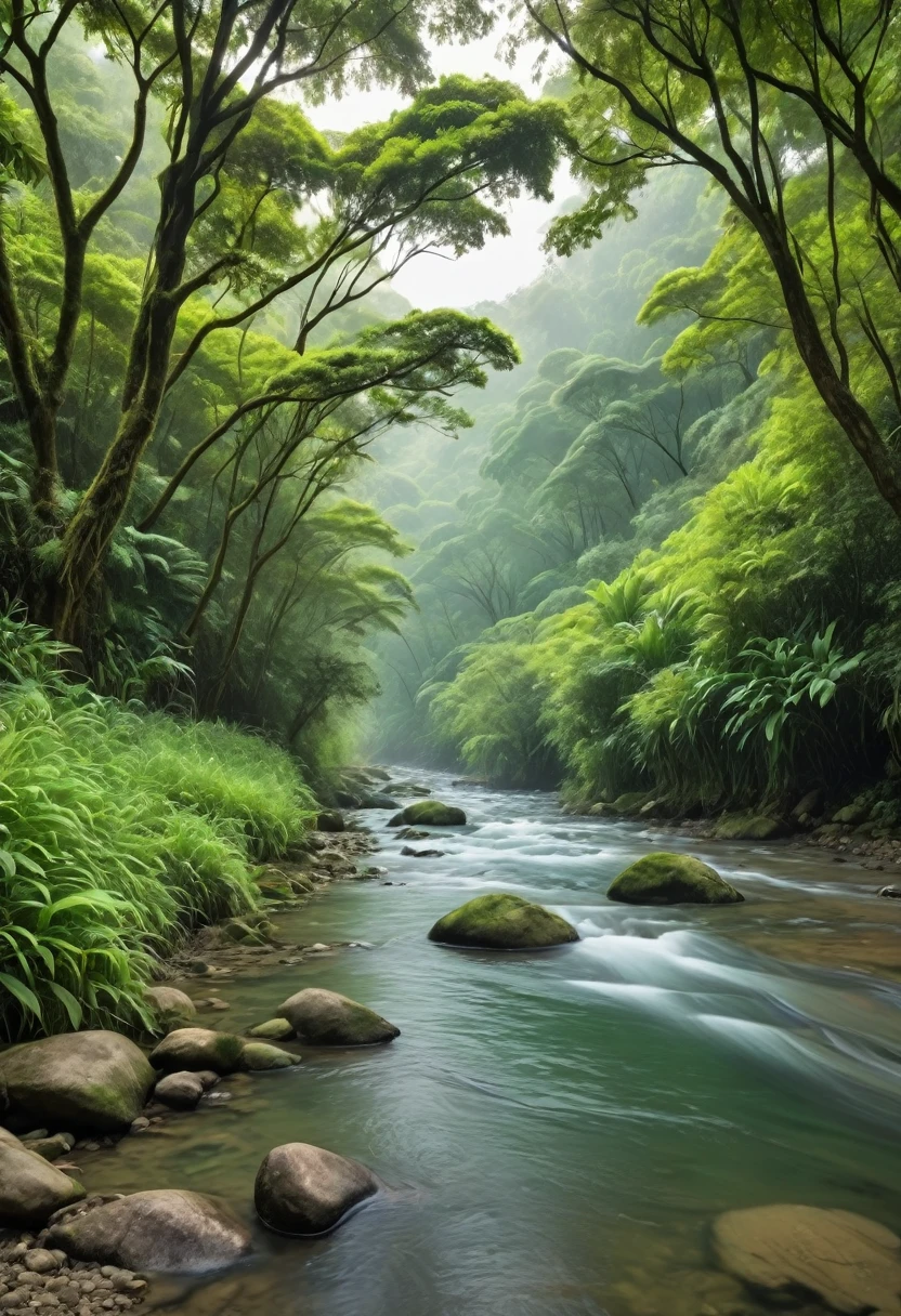 Lush green forests with dense and beautiful trees, there is a flowing river with clear water, beautiful and fresh forest views, cool morning dew.