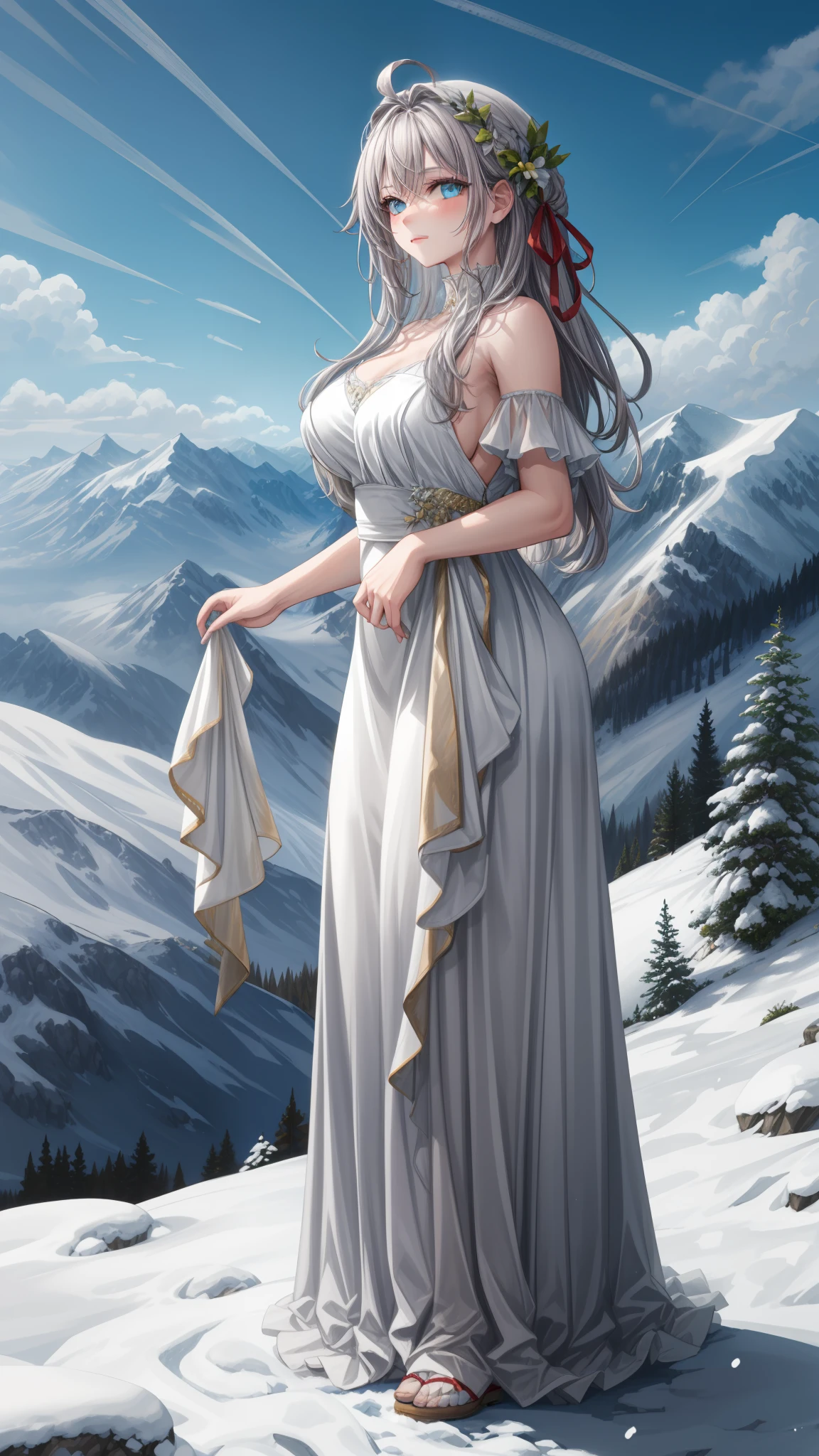 (1girl), (masterpiece), (best quality), ((looking at the viewer)), ((full body)),((facing the viewer)), ((dress that shows off her figure)), ((White hair)), ((beautiful wedding dress))
In a serene alpine setting, atop a snow-capped mountain peak, a young woman stands gracefully. Her hair, as pure and white as freshly fallen snow, cascades down her shoulders in gentle waves. Her eyes, a striking shade of blue reminiscent of deep sapphires, reflect the clear, crisp sky above. She is adorned in an elegant, flowing white gown that flutters lightly in the mountain breeze, accentuating her slender figure. The morning sun bathes her in a soft, golden glow, highlighting the delicate features of her face - a serene expression that mirrors the tranquility of her surroundings. Her gaze is fixed upon the panoramic view of rugged valleys and distant peaks, a scene painted with pristine snow and lush greenery under the vast, unblemished sky.