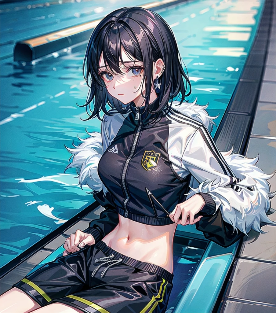 whole body, delicate facial features, medium tits, medium hair, black hair, tearful mole, earring, tracksuit, shorts, pool,