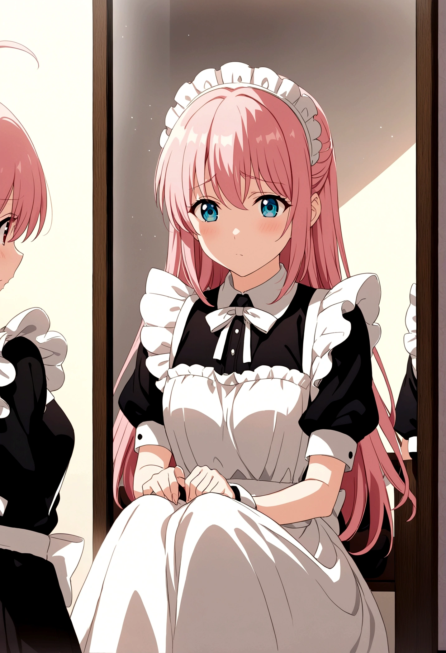 Long pink hair，blue color eyes，black and white maid clothes，Mary Jane shoes，white stockings