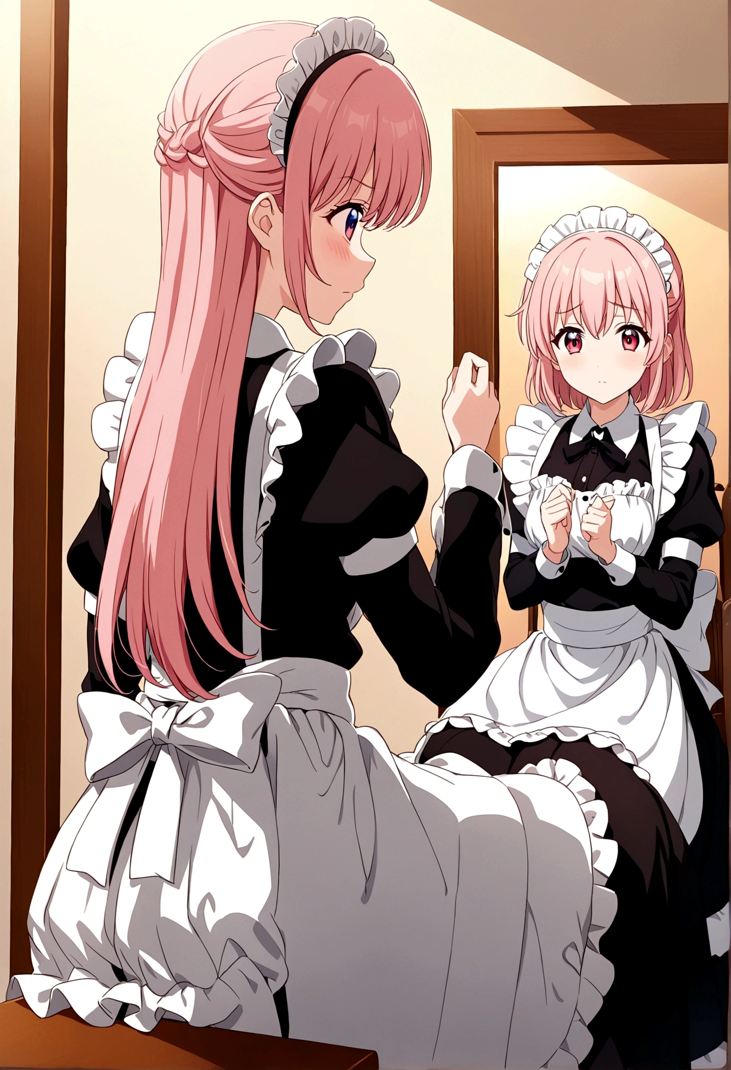 Anime girl with pink hair and white apron sitting in front of mirror, Comedian Reactions、anime girl in a Maid costume, Cute girl anime visuals, Smooth anime CG art, Maid服, | Anime with attention to detail, gorgeous Maid, Fine details. Girl Front, Maid, Visual novels CG, Maid服, ; Visual novel