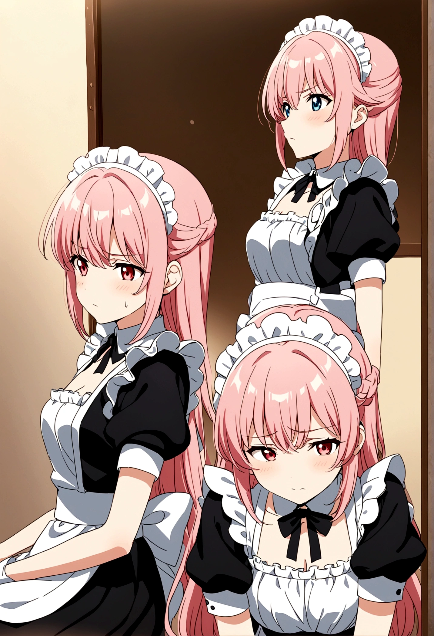 Anime girl with pink hair and white apron sitting in front of mirror, Comedian Reactions、anime girl in a Maid costume, Cute girl anime visuals, Smooth anime CG art, Maid服, | Anime with attention to detail, gorgeous Maid, Fine details. Girl Front, Maid, Visual novels CG, Maid服, ; Visual novel