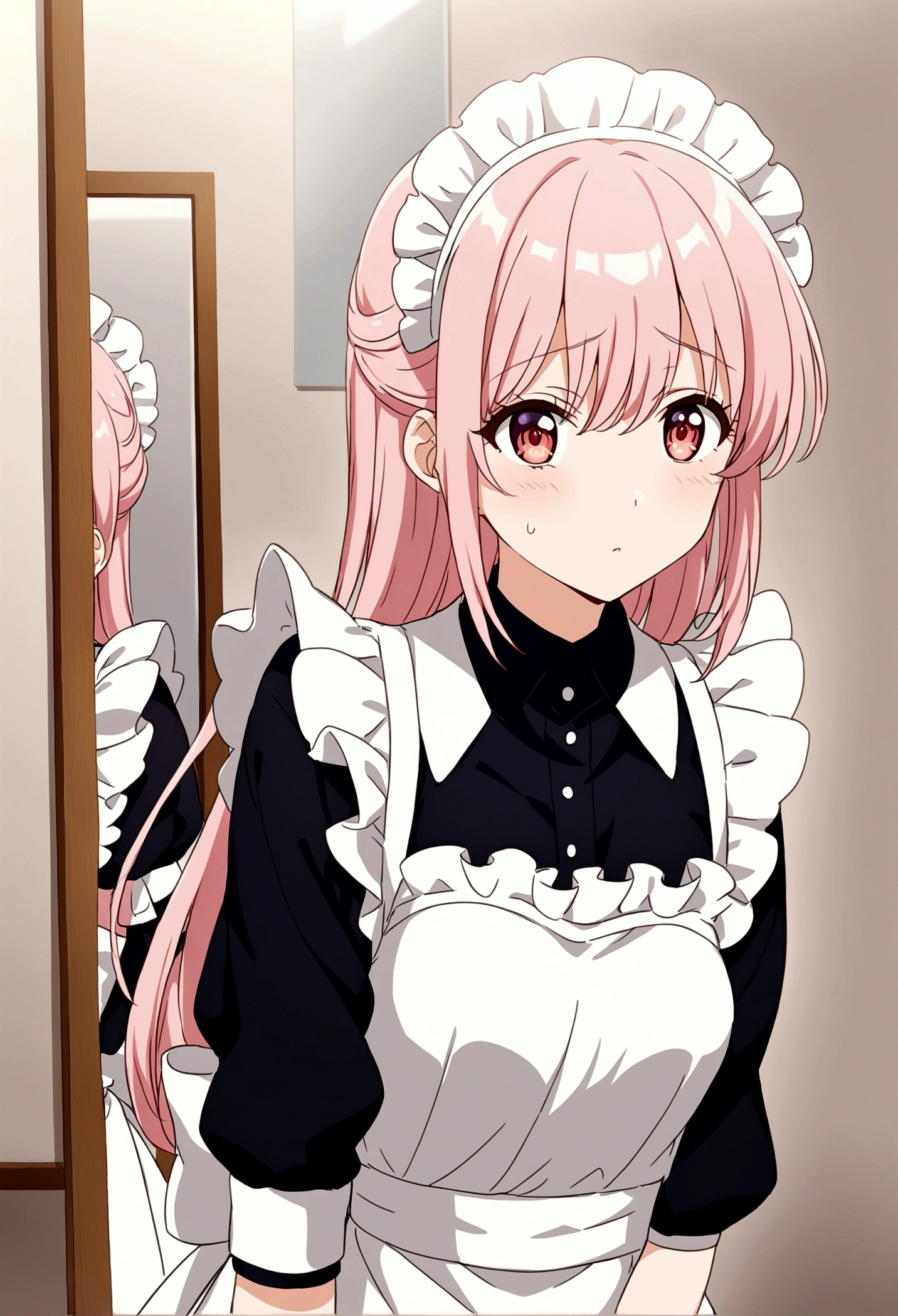 Anime girl with pink hair and white apron sitting in front of mirror, Comedian Reactions、anime girl in a Maid costume, Cute girl anime visuals, Smooth anime CG art, Maid服, | Anime with attention to detail, gorgeous Maid, Fine details. Girl Front, Maid, Visual novels CG, Maid服, ; Visual novel