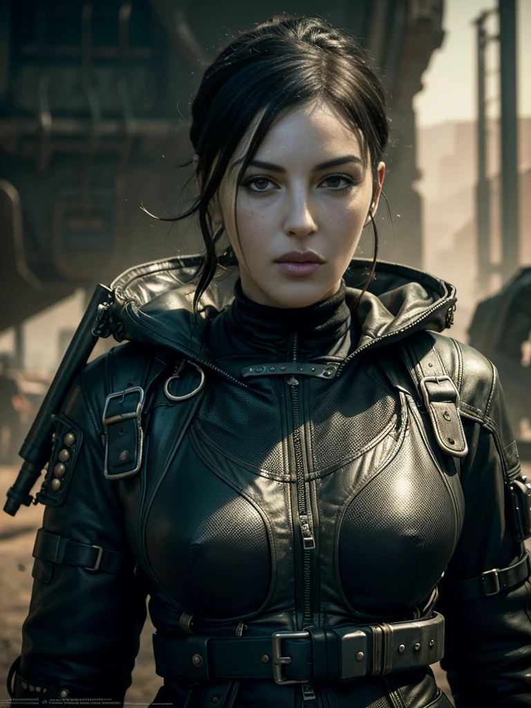 portrait ung woman ,science fiction, complex background punk, mad max , futuristic, post-apocalyptic, dark, dim light, ((masterpiece, best quality, )),monica,bellucci