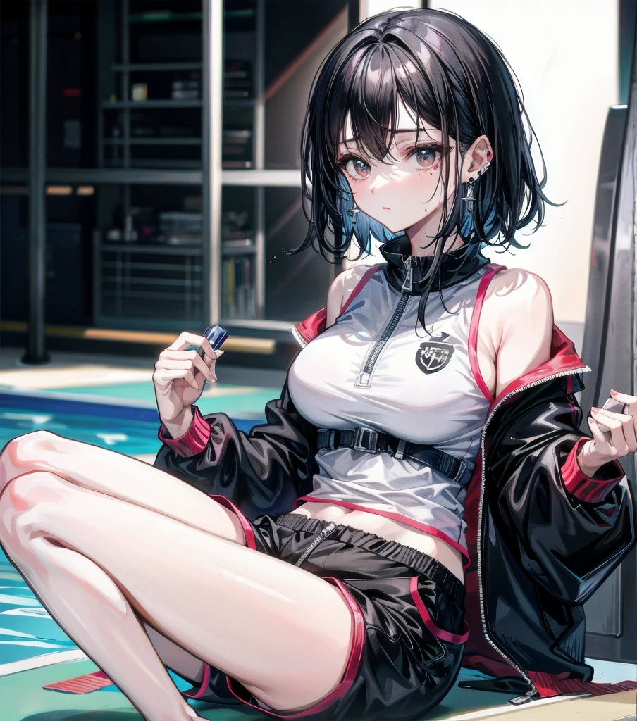 whole body, absurdres, RAW photo, extremely delicate and beautiful, masterpiece, Best Quality, ultra high resolution, 32k, hyperrealistic, ultra-detailed, detailed description, pale skin, 20 years old, detailed beautiful face and eyes, big tits, medium hair, black hair, tearful mole, earring, Basketball shirt, tank top, Hot Pants,