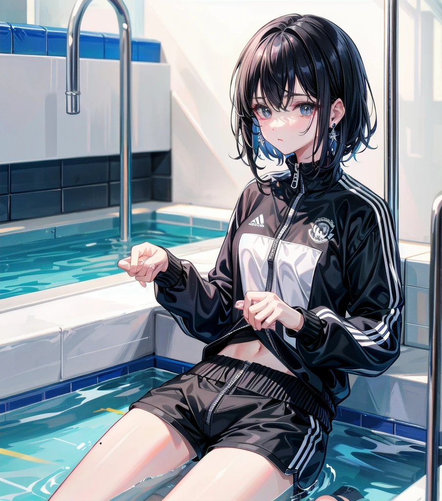 whole body, delicate facial features, medium tits, medium hair, black hair, tearful mole, earring, tracksuit, shorts, pool,