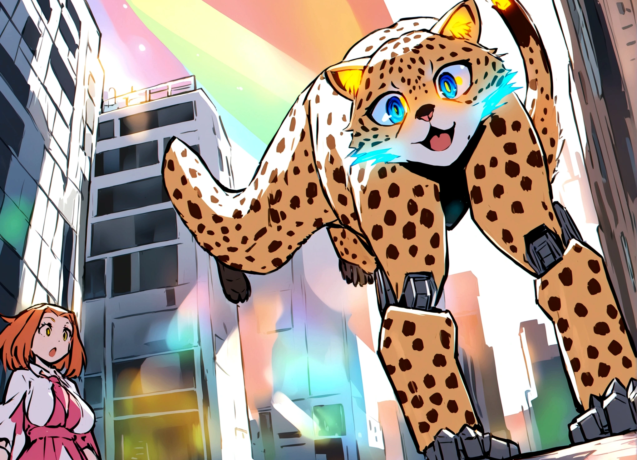 A transformer in humanoid robot mode with Cheetah motif (its beast mode is a Cheetah) is talking to a startled woman, downtown new York
