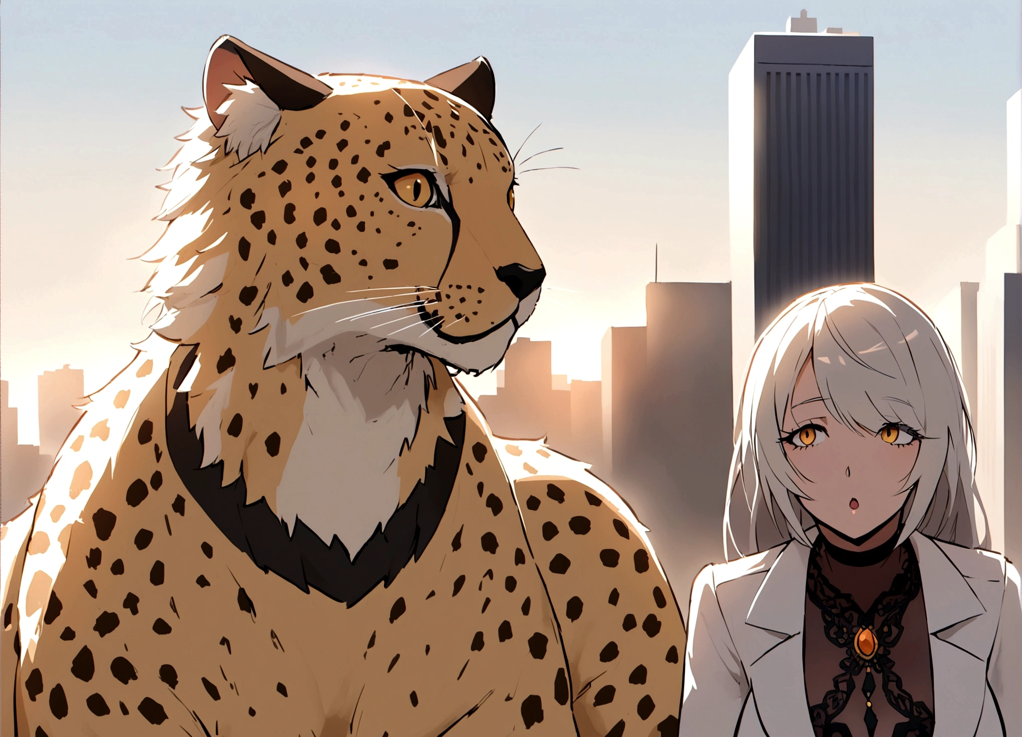 A transformer in humanoid robot mode with Cheetah motif (its beast mode is a Cheetah) is talking to a startled woman, downtown new York