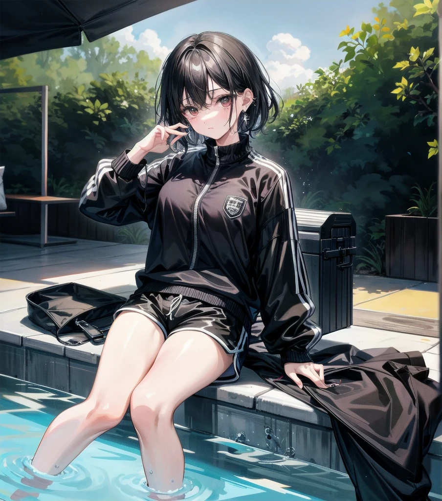 whole body, delicate facial features, medium tits, medium hair, black hair, tearful mole, earring, tracksuit, shorts, pool,