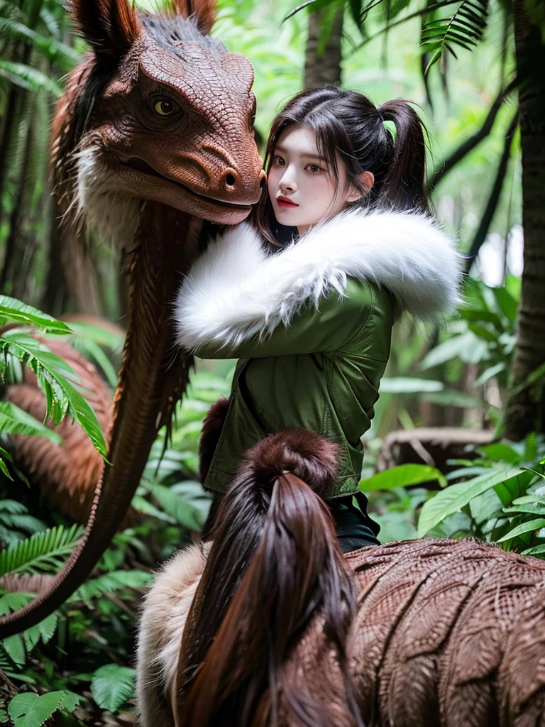 Chica linda como wang yiren, in jurassic park jurassic park with a dinosaur , beautiful fur.