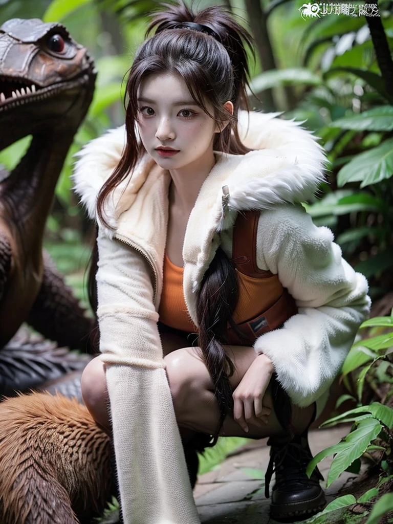 Chica linda como wang yiren, in jurassic park jurassic park with a dinosaur , beautiful fur.