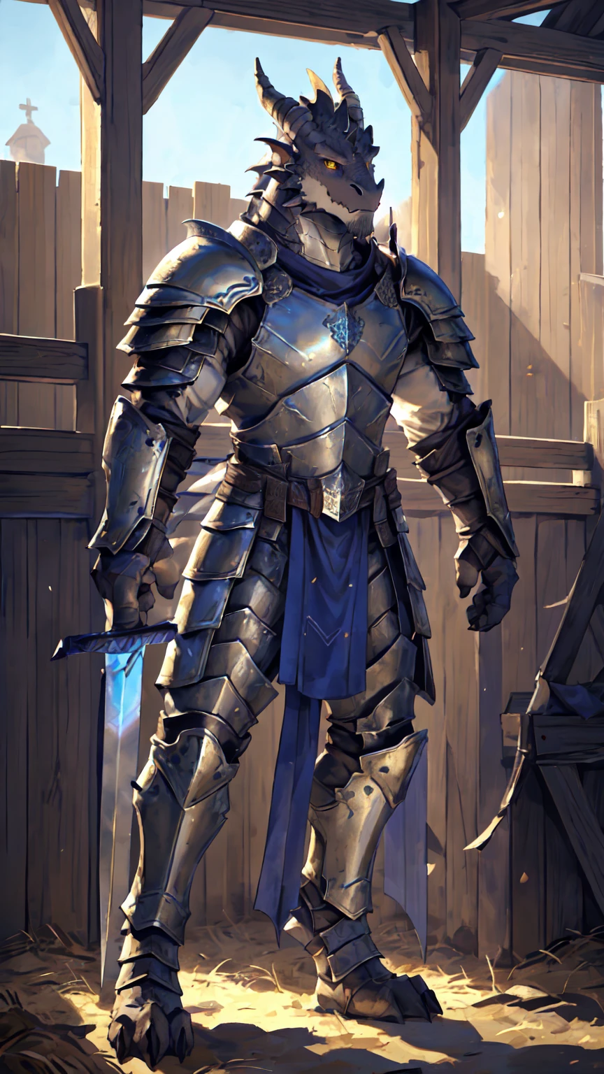 Medieval background:1.6,((Crusu:1.6)),Sunlight,high resolution,4K,gay,(((whole body:1.1))),(Fighting Stance),masterpiece,high quality,Calm and calm,((dragon)),male,dragonFurry,(ager:1.3),hairy,((Stable,Handsome face:1.4)),((peaceful)),((Holding a long sword:1.3)),(((strong:1.4,Long legs:1.3,粗壮dragon尾:1.2))),(((Gray head:1.2,Golden pupils:1.1,White neck:1.3,Gray back of hand:1.4,White muscles:1.3))),(((White Armor:1.3,Armor has a blue banner:1.4))),Mature face,Exquisite eyes,Detailed body,Detailed hands,Detailed feet,Kenket's style