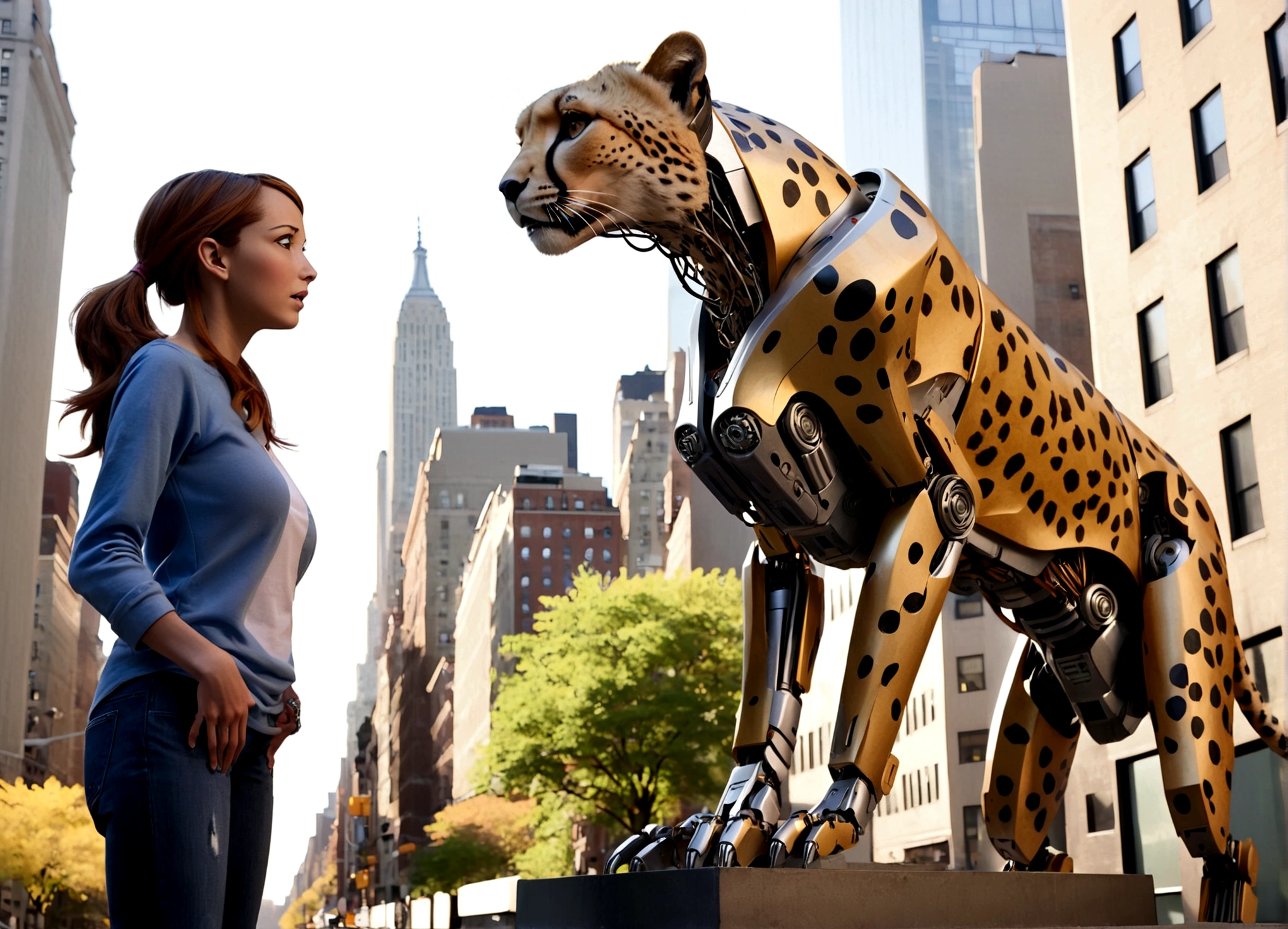 A transformer in humanoid robot mode with Cheetah motif (its beast mode is a Cheetah) is talking to a startled woman, downtown new York
