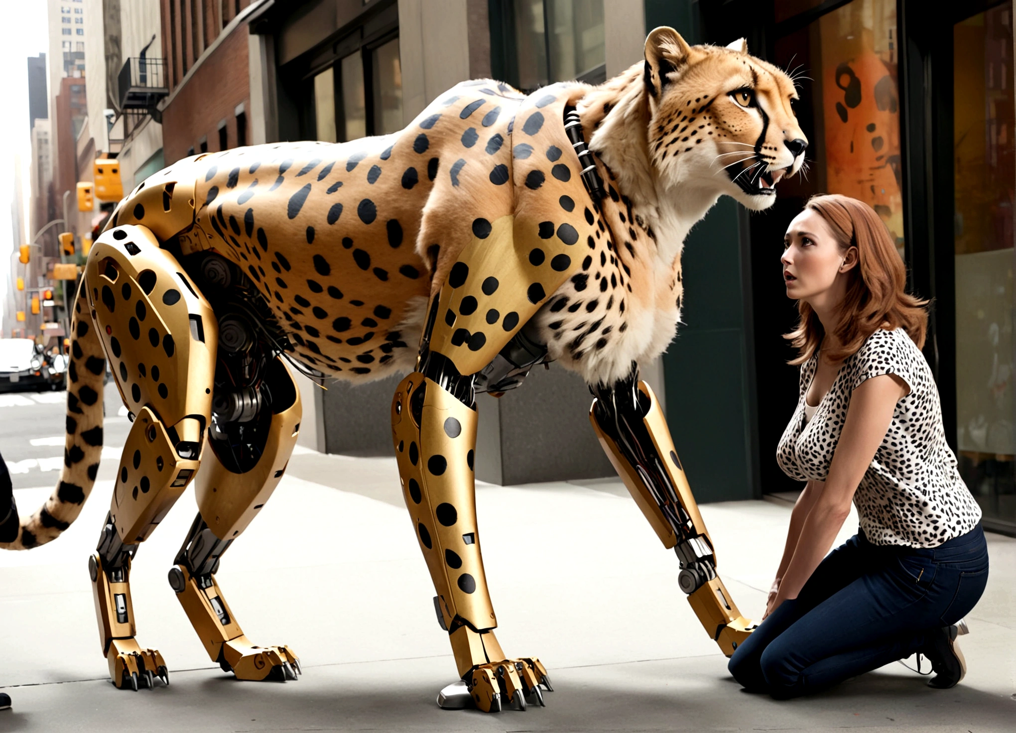 A transformer in humanoid robot mode with Cheetah motif (its beast mode is a Cheetah) is talking to a startled woman, downtown new York

