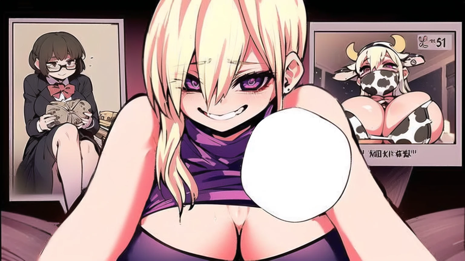 anime girl with big breast holding a white ball in her hand, ecchi anime style, ahegao, anime cover, full color manga visual style, anime monster girl, ahegao face, in dress, big breasts!!, colored manga panel, big breasts!, inspired by INO, oppai, cel - shaded art style, seductive anime girl