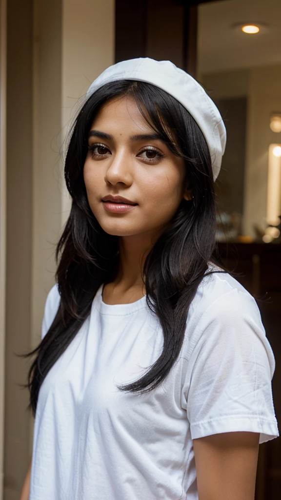 A indian gril black hair    a  white cap with her hed 