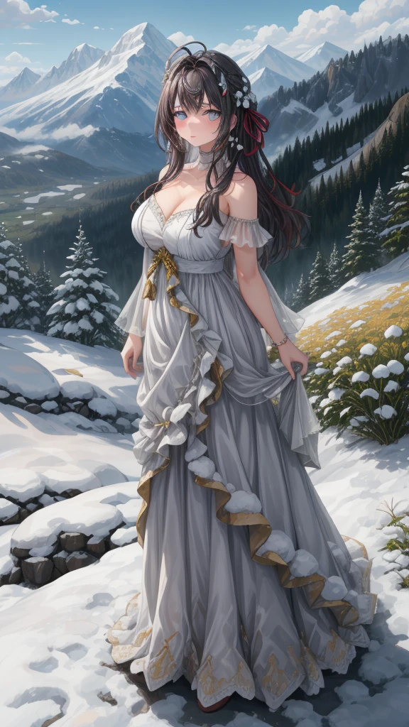 

(1girl), (masterpiece), (best quality), ((looking at the viewer)), ((full body)),((facing the viewer))

In a serene alpine setting, atop a snow-capped mountain peak, a young woman stands gracefully. Her hair, as pure and white as freshly fallen snow, cascades down her shoulders in gentle waves. Her eyes, a striking shade of blue reminiscent of deep sapphires, reflect the clear, crisp sky above. She is adorned in an elegant, flowing white gown that flutters lightly in the mountain breeze, accentuating her slender figure. The morning sun bathes her in a soft, golden glow, highlighting the delicate features of her face - a serene expression that mirrors the tranquility of her surroundings. Her gaze is fixed upon the panoramic view of rugged valleys and distant peaks, a scene painted with pristine snow and lush greenery under the vast, unblemished sky.