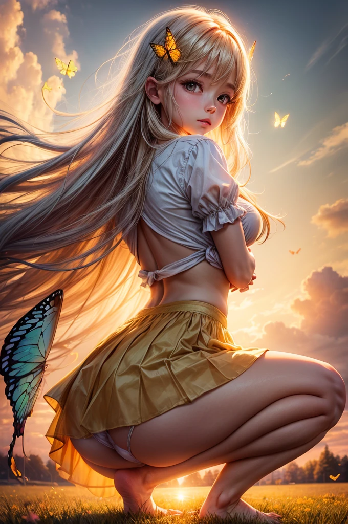 "((Innocent)) girl, golden hour, dreamy meadow, ethereal, whimsical, flowing skirt, soft sunlight, enchanting, butterfly wings, (pastel clouds), liquid reflections, squatting, legs open, panties