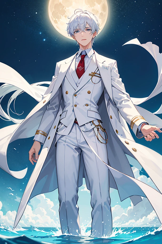 ((best quality)), ((masterpiece)), (detailed), high resolution, a young man who wear white coat with white pants, underneath his white coat he wear red button shirt and long blue ties around his neck. He have white hair and light blue eyes. He stand afloat on the middle of a clear lake and the moon shine brightly beautifully from his behind him.