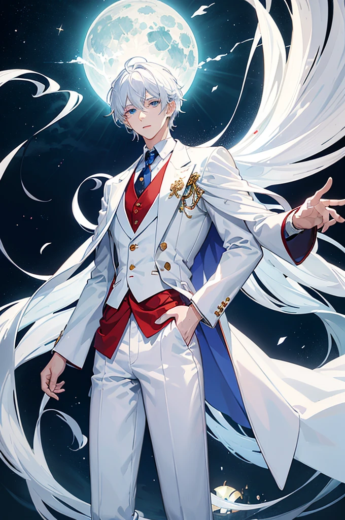 ((best quality)), ((masterpiece)), (detailed), high resolution, a young man who wear white coat with white pants, underneath his white coat he wear red button shirt and long blue ties around his neck. He have white hair and light blue eyes. He stand afloat on the middle of a clear lake and the moon shine brightly beautifully from his behind him.