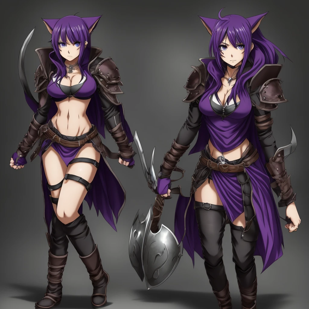 a female character for a soul eater style anime with these characteristics:

- A bear-woman demi-human (just bear paws and ears)
- Scar on the cheek and neck - Lifeless dark purple eyes and short dark purple hair - An extremely tired look - Above average breasts, while the rest of the proportions are average - His clothes are leather armor with iron plates on his chest, shoulders,knees."