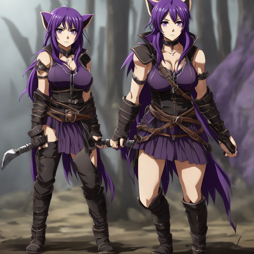 a female character for a soul eater style anime with these characteristics:
- A bear-woman demi-human (just bear paws and ears)
- Scar on the cheek and neck - Lifeless dark purple eyes and short dark purple hair - An extremely tired look - Above average breasts, while the rest of the proportions are average - His clothes are leather armor with iron plates on his chest, shoulders,knees."